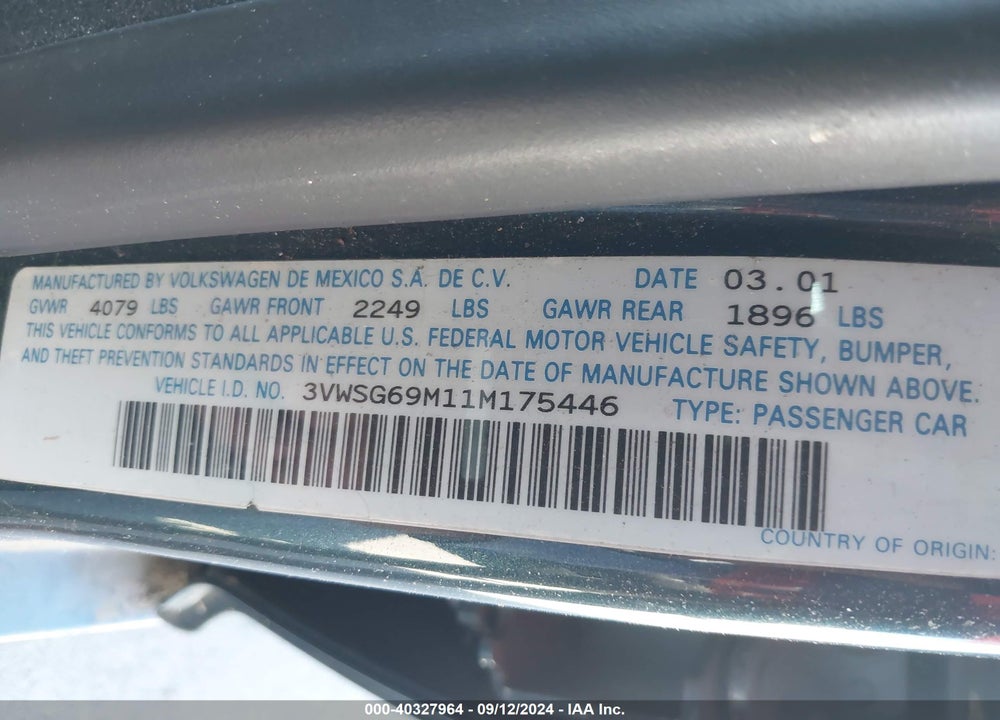 2001 VOLKSWAGEN JETTA GLS VR6 VIN: 3VWSG69M11M175446