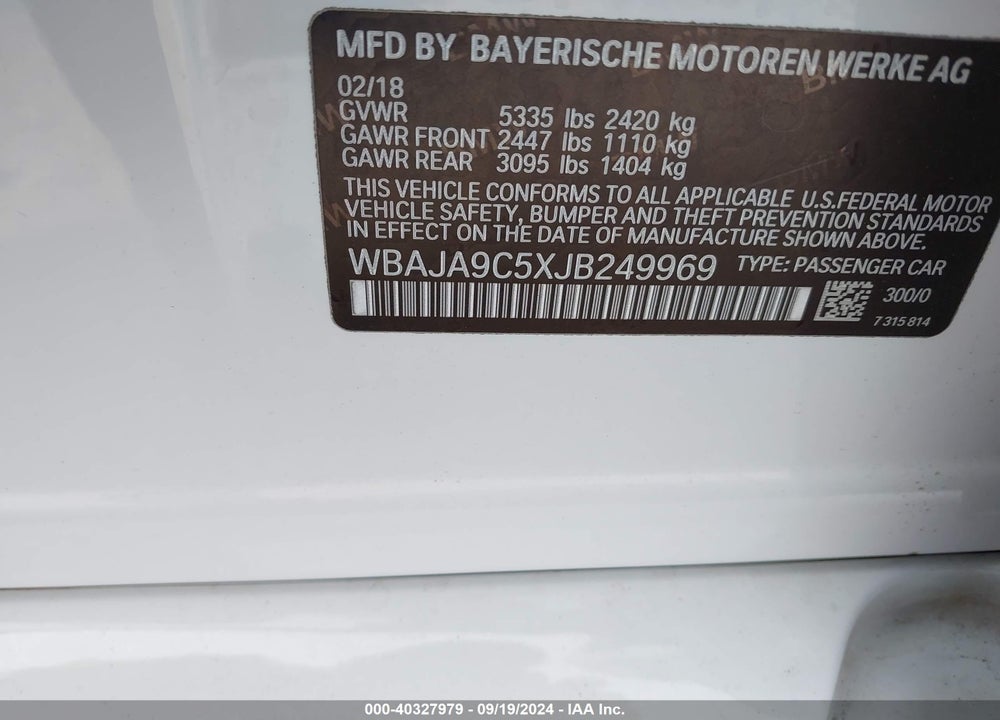 2018 BMW 530E IPERFORMANCE VIN: WBAJA9C5XJB249969