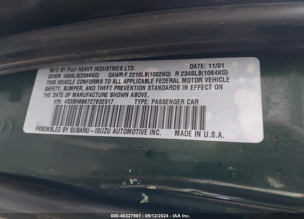 2002 SUBARU OUTBACK LIMITED VIN: 4S3BH686727632517