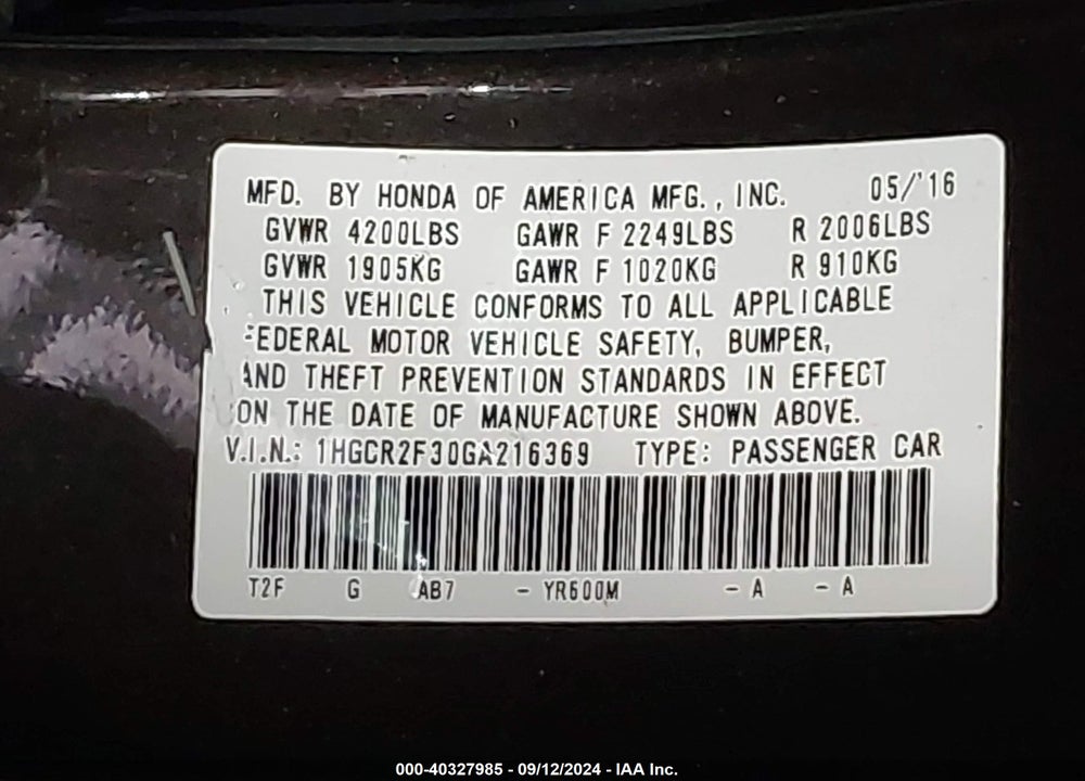 2016 HONDA ACCORD LX VIN: 1HGCR2F30GA216369