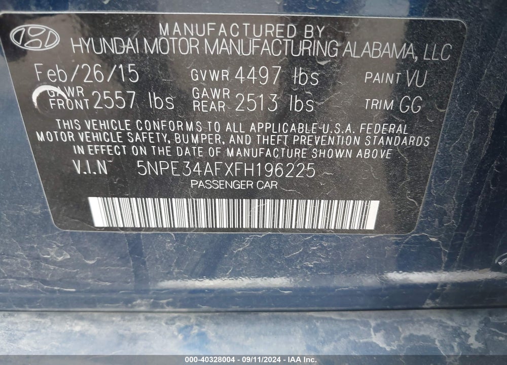 2015 HYUNDAI SONATA VIN: 5NPE34AFXFH196225
