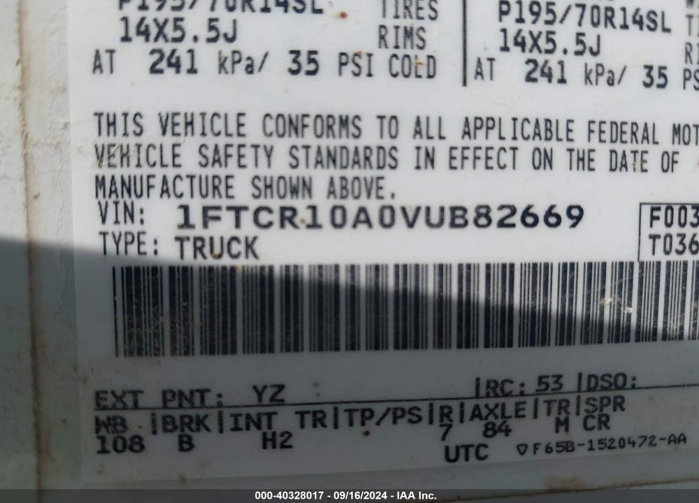 1997 FORD RANGER VIN: 1FTCR10A0VUB82669