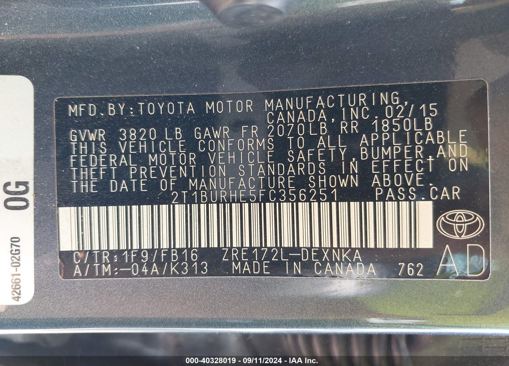 2015 TOYOTA COROLLA LE PLUS VIN: 2T1BURHE5FC356251