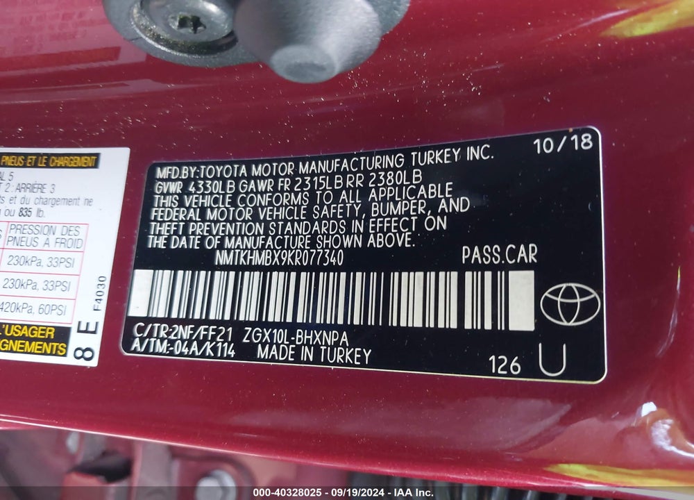 2019 TOYOTA C-HR XLE VIN: NMTKHMBX9KR077340