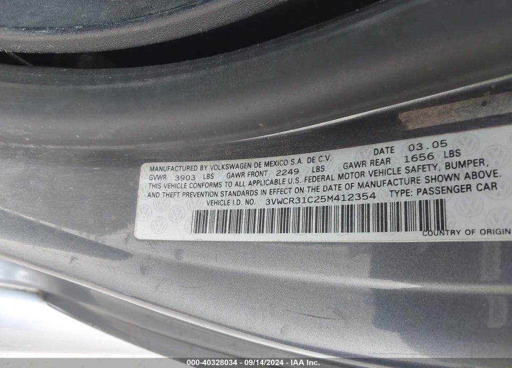 2005 VOLKSWAGEN NEW BEETLE GLS TDI VIN: 3VWCR31C25M412354
