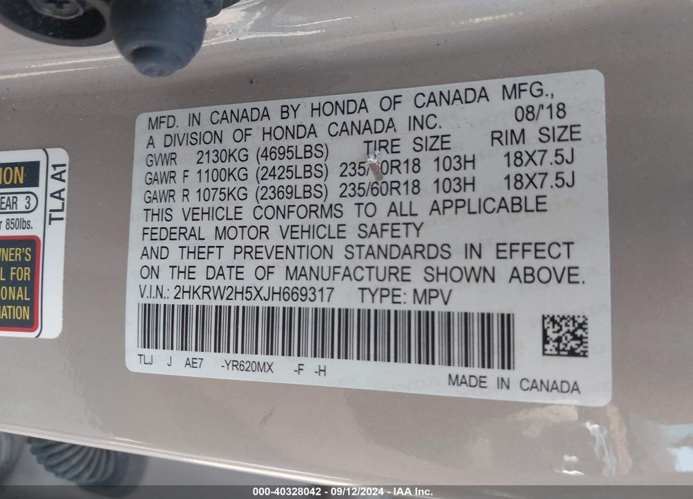 2018 HONDA CR-V EX VIN: 2HKRW2H5XJH669317