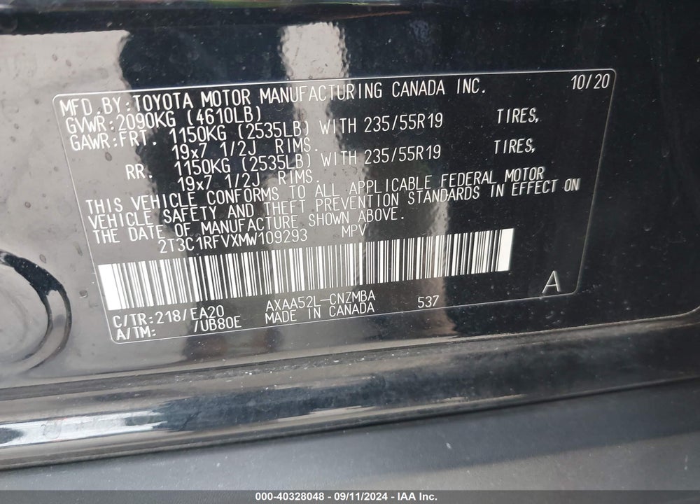 2021 TOYOTA RAV4 XLE PREMIUM VIN: 2T3C1RFVXMW109293