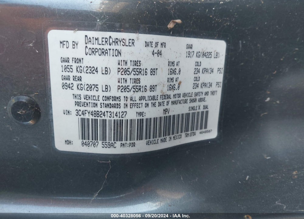 2004 CHRYSLER PT CRUISER VIN: 3C4FY48B24T314127