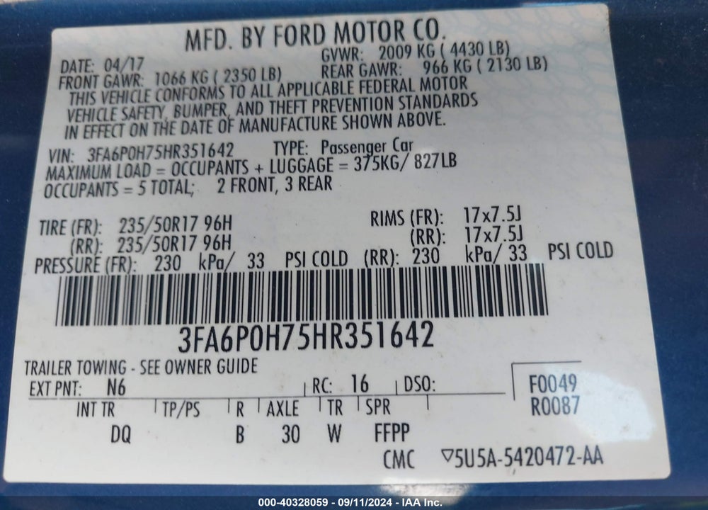 2017 FORD FUSION VIN: 3FA6P0H75HR351642