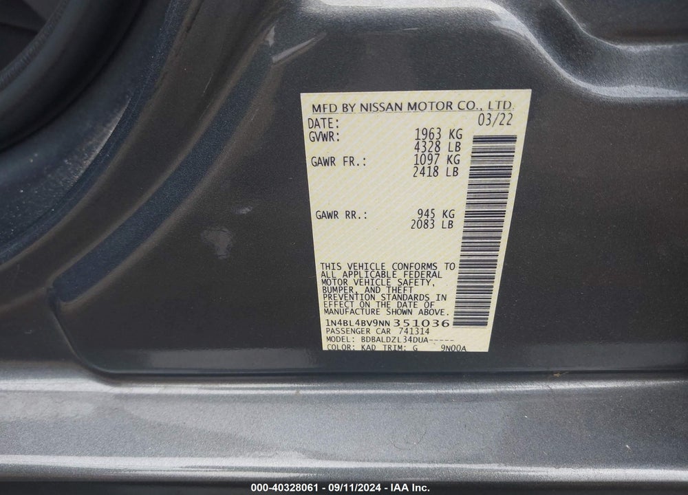 2022 NISSAN ALTIMA S FWD VIN: 1N4BL4BV9NN351036