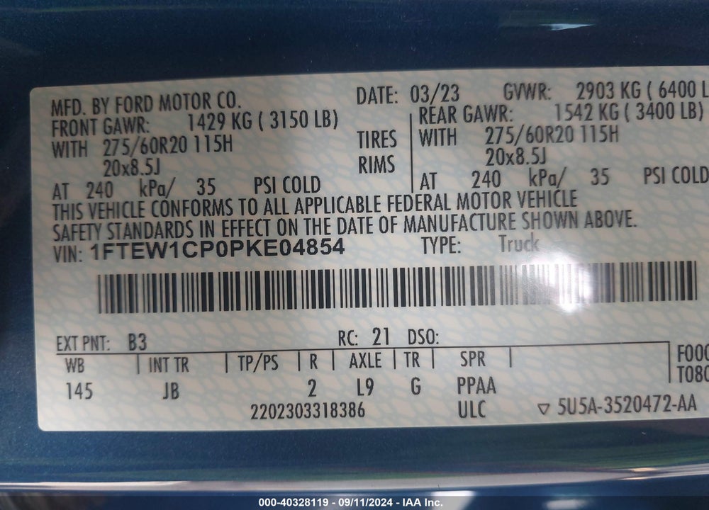 2023 FORD F-150 XL VIN: 1FTEW1CP0PKE04854