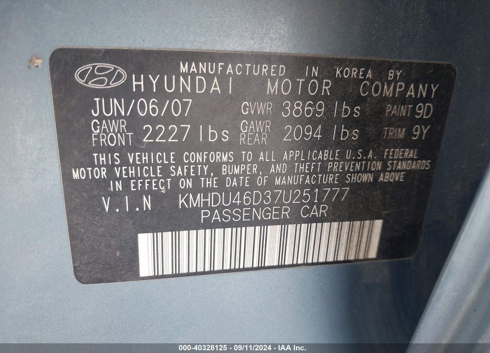 2007 HYUNDAI ELANTRA VIN: KMHDU46D37U251777