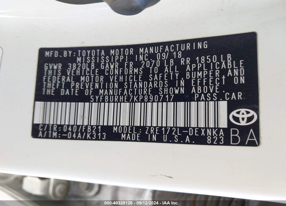 2019 TOYOTA COROLLA LE VIN: 5YFBURHE7KP890717