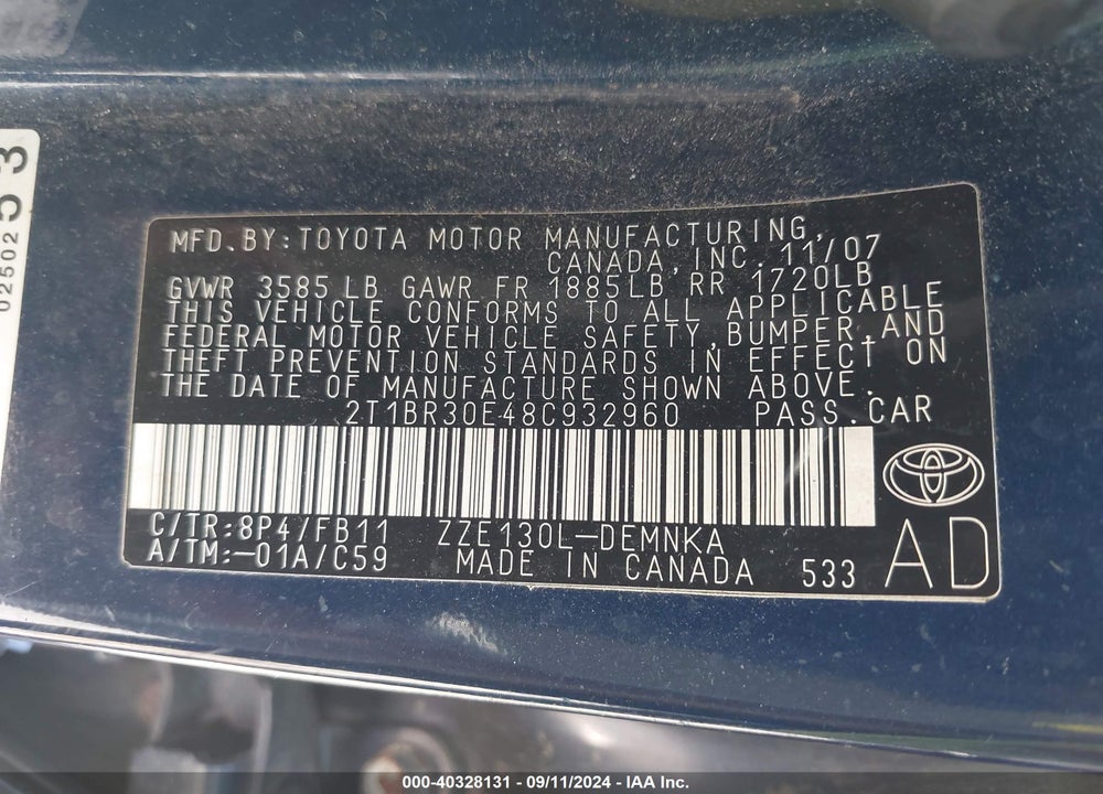 2008 TOYOTA COROLLA LE VIN: 2T1BR30E48C932960