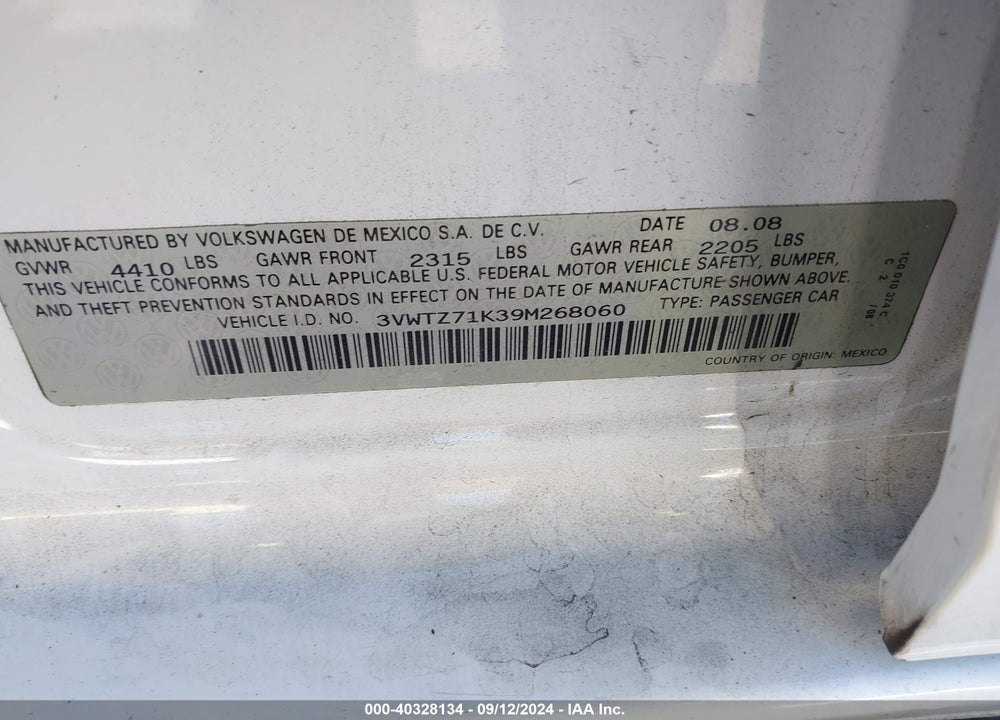 2009 VOLKSWAGEN JETTA 2.5L SE VIN: 3VWTZ71K39M268060