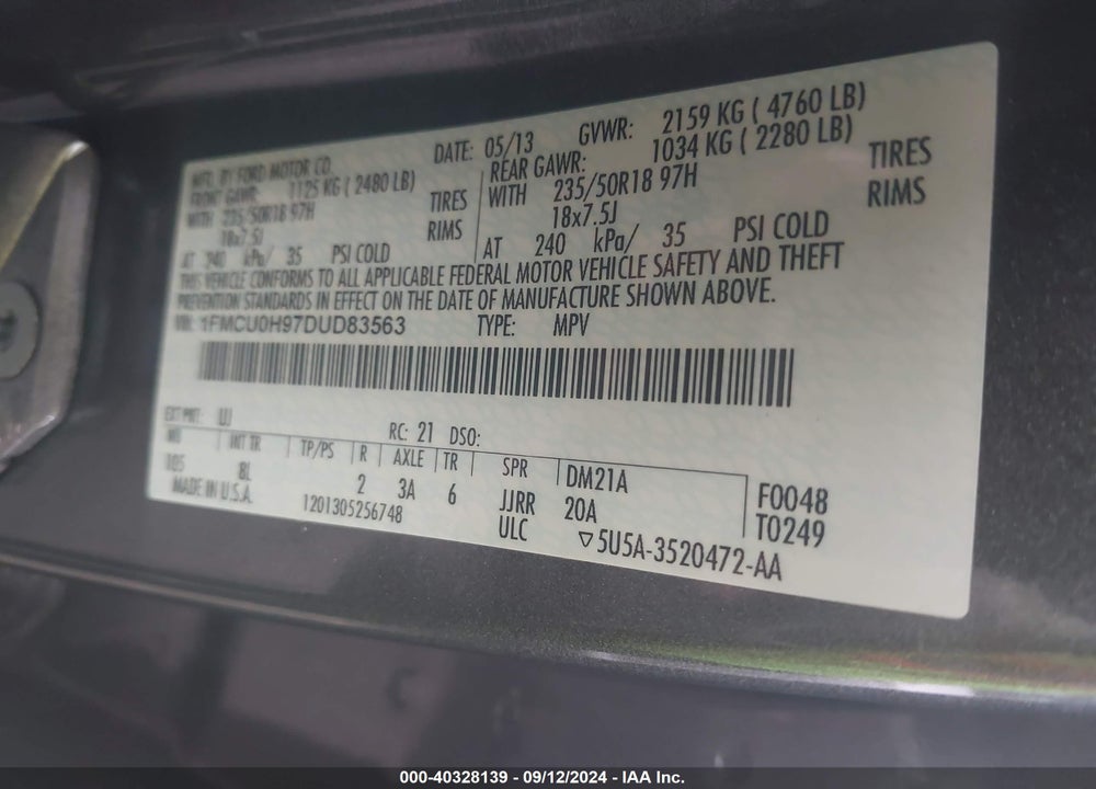 2013 FORD ESCAPE SEL VIN: 1FMCU0H97DUD83563