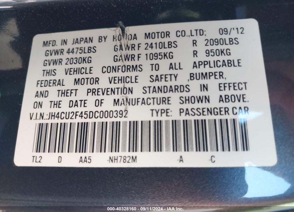 2013 ACURA TSX 2.4 VIN: JH4CU2F45DC000392
