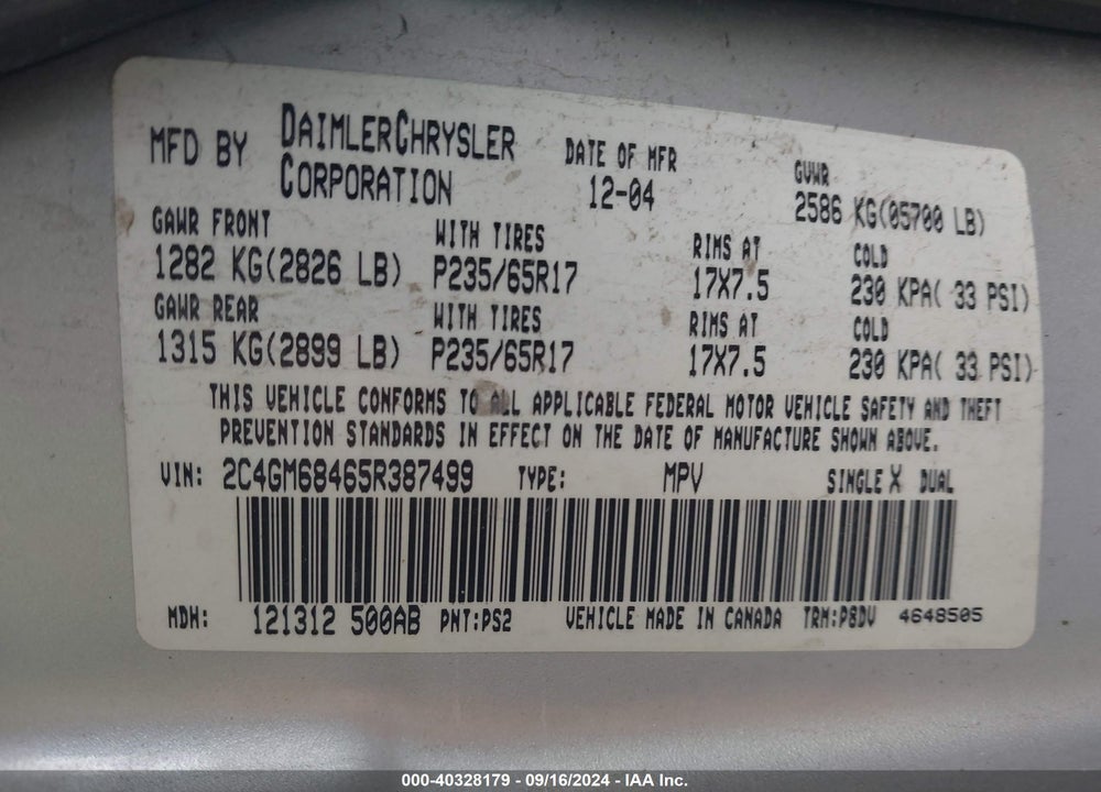 2005 CHRYSLER PACIFICA TOURING VIN: 2C4GM68465R387499