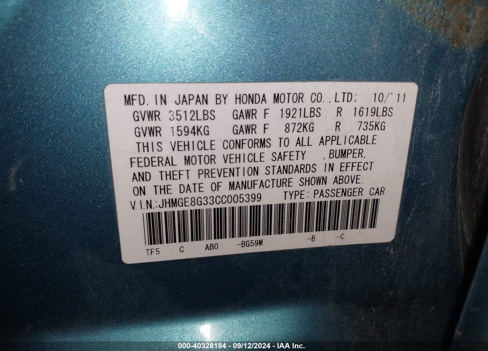 2012 HONDA FIT VIN: JHMGE8G33CC005399