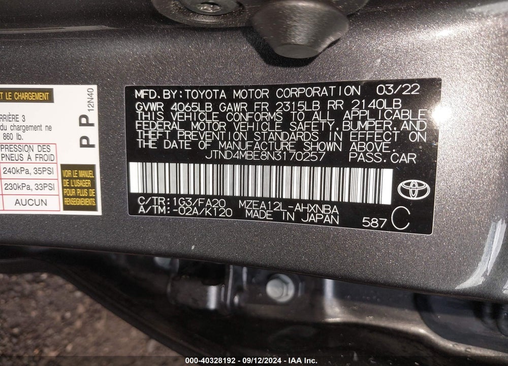 2022 TOYOTA COROLLA SE VIN: JTND4MBE8N3170257