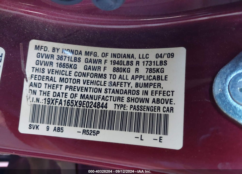 2009 HONDA CIVIC LX VIN: 19XFA165X9E024844