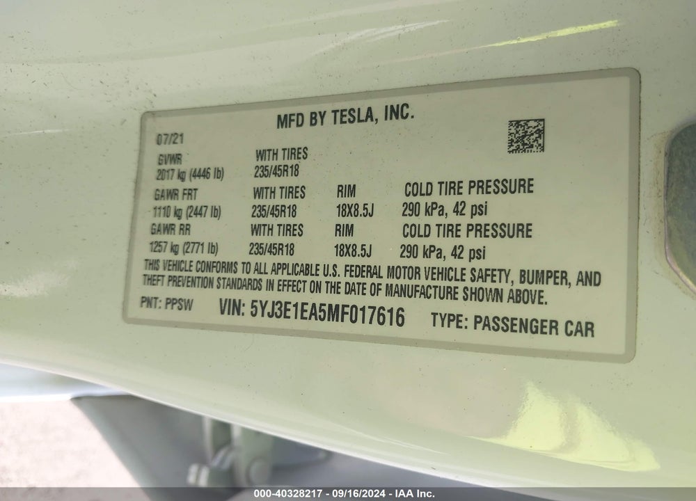 2021 TESLA MODEL 3 STANDARD RANGE PLUS REAR-WHEEL DRIVE VIN: 5YJ3E1EA5MF017616
