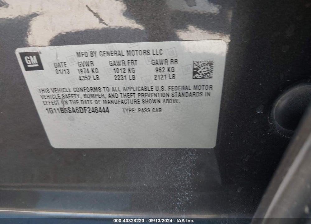 2013 CHEVROLET MALIBU 1LS VIN: 1G11B5SA6DF248444