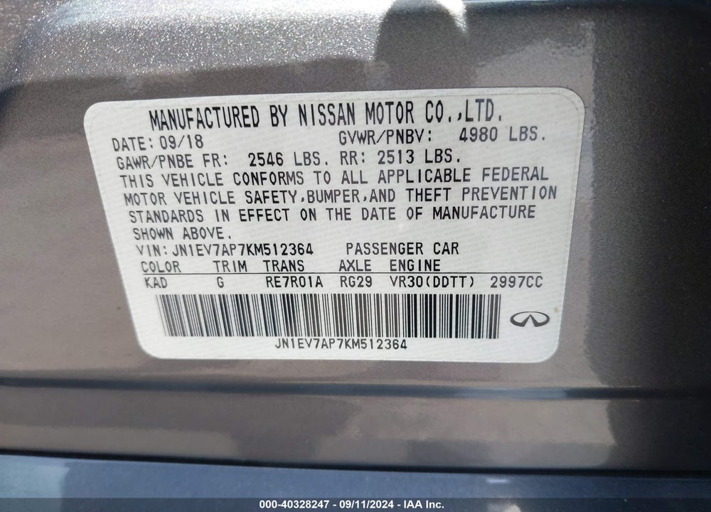 2019 INFINITI Q50 3.0T LUXE VIN: JN1EV7AP7KM512364