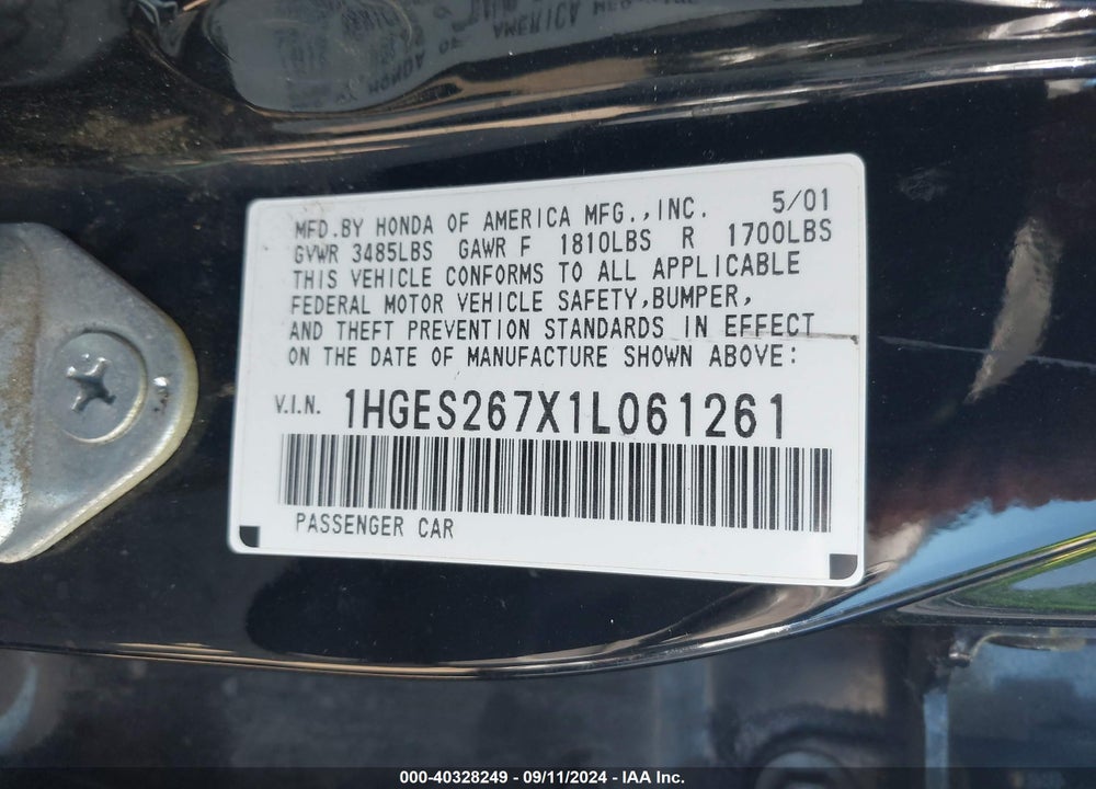 2001 HONDA CIVIC EX VIN: 1HGES267X1L061261