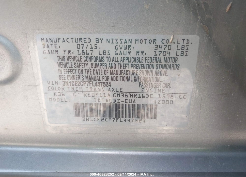 2015 NISSAN VERSA NOTE SV VIN: 3N1CE2CP7FL447524