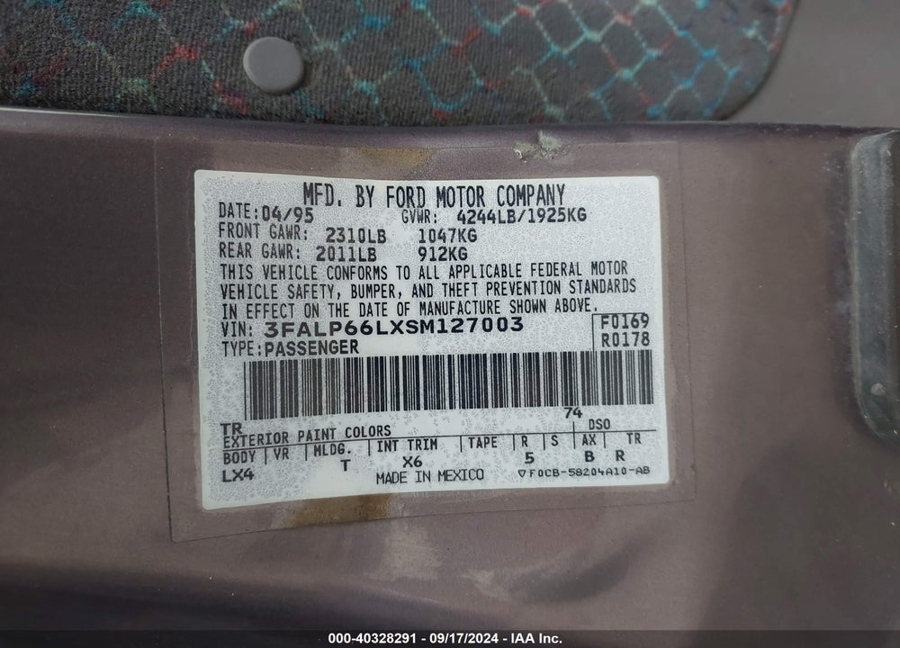 1995 FORD CONTOUR LX VIN: 3FALP66LXSM127003