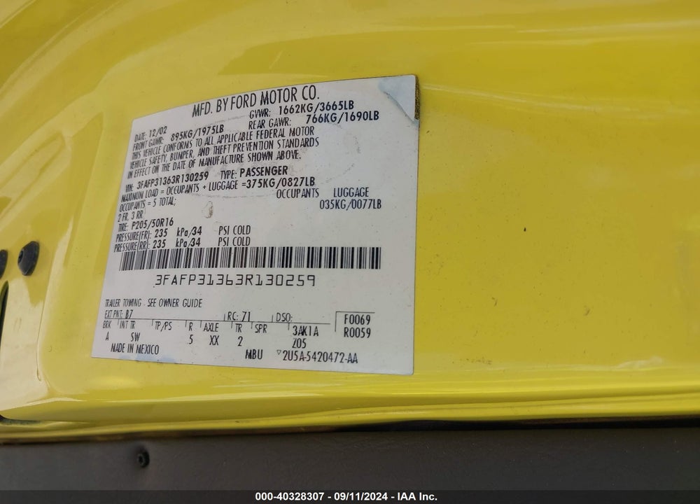 2003 FORD FOCUS ZX3 VIN: 3FAFP31363R130259
