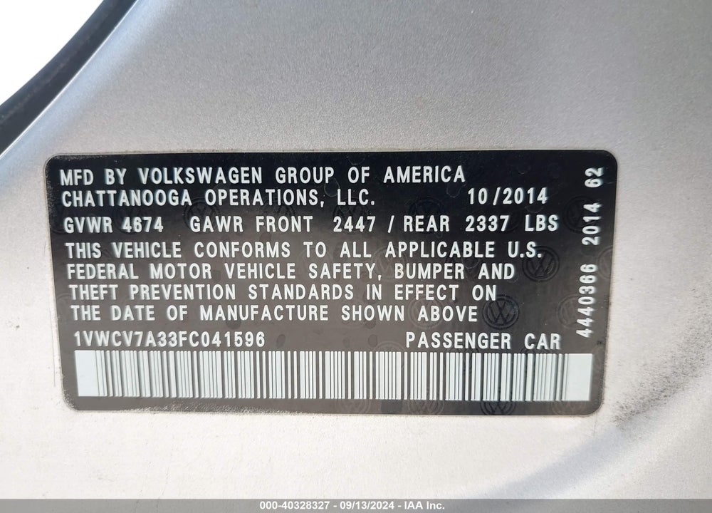 2015 VOLKSWAGEN PASSAT VIN: 1VWCV7A33FC041596