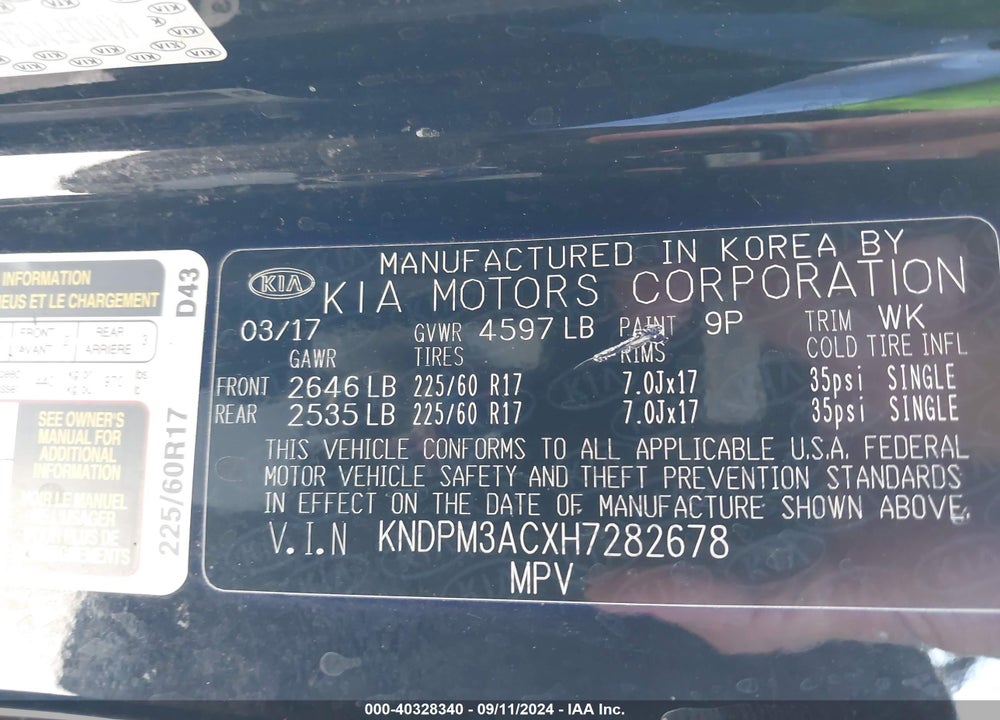 2017 KIA SPORTAGE LX VIN: KNDPM3ACXH7282678
