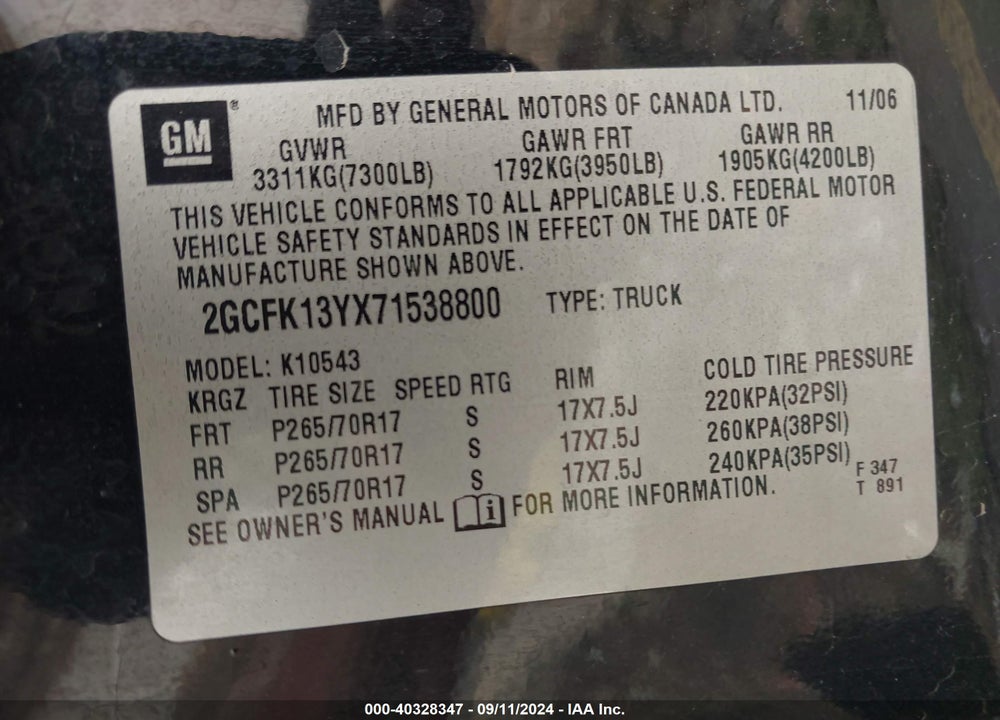 2007 CHEVROLET SILVERADO 1500 LT1 VIN: 2GCFK13YX71538800