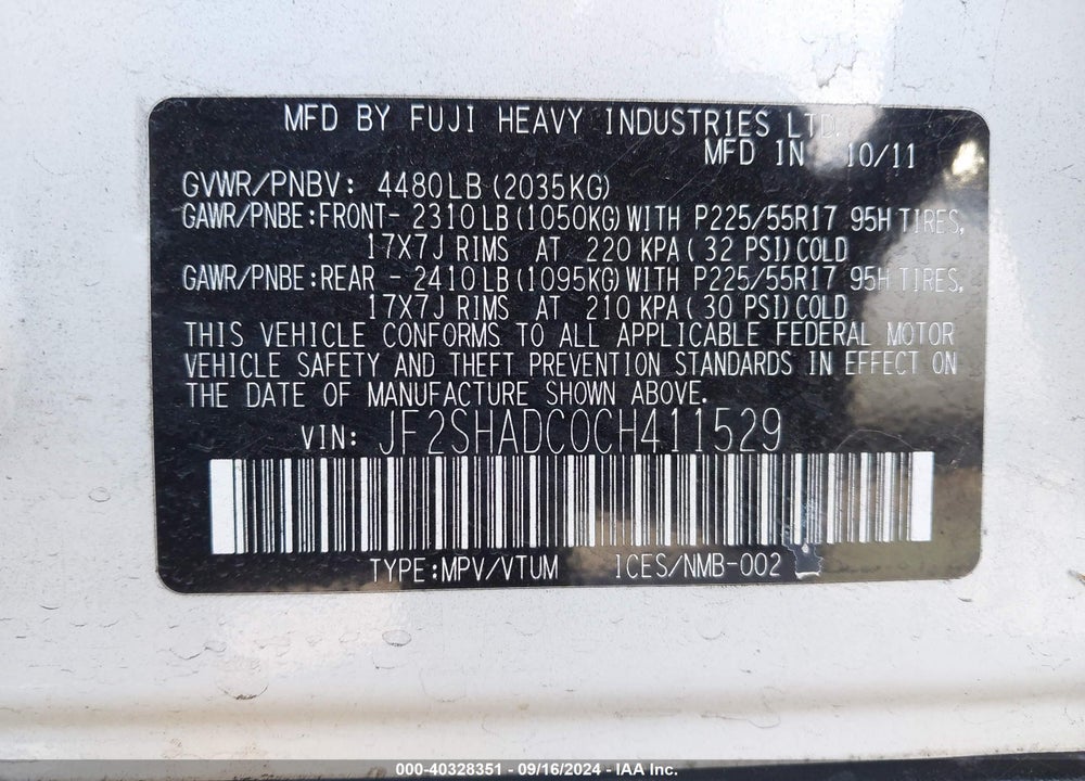 2012 SUBARU FORESTER 2.5X PREMIUM VIN: JF2SHADC0CH411529