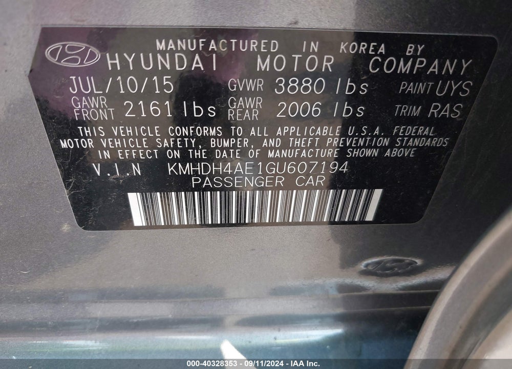2016 HYUNDAI ELANTRA SE VIN: KMHDH4AE1GU607194