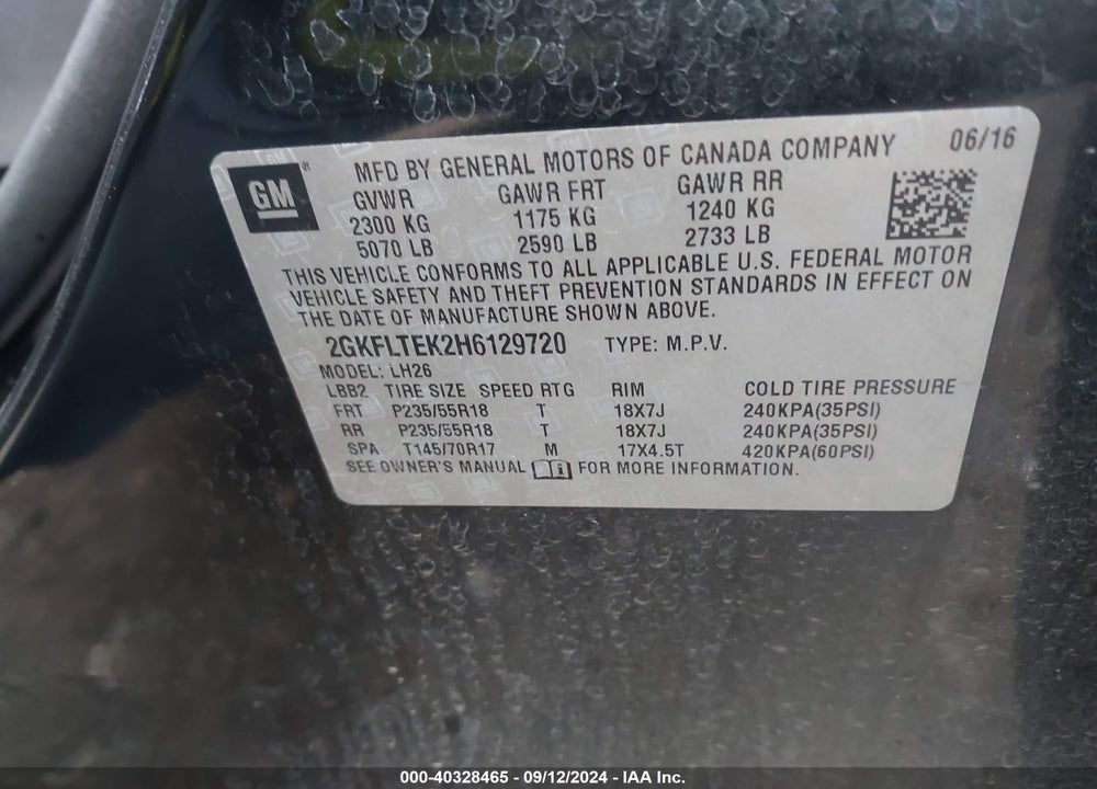 2017 GMC TERRAIN SLE-2 VIN: 2GKFLTEK2H6129720