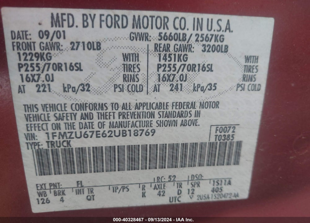 2002 FORD EXPLORER SPORT TRAC VIN: 1FMZU67E62UB18769