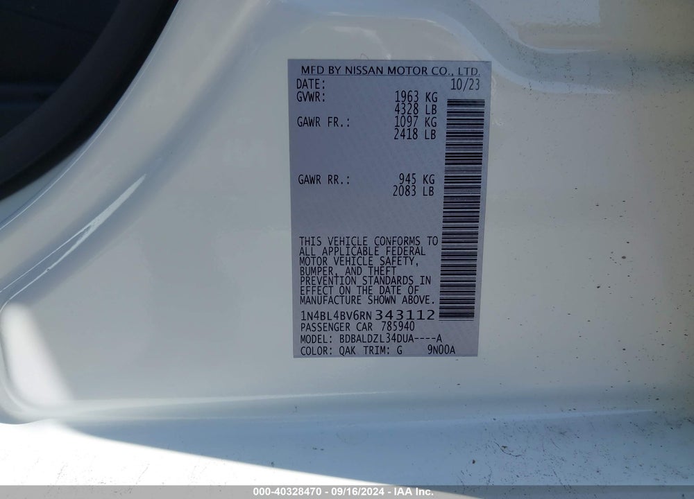 2024 NISSAN ALTIMA S FWD VIN: 1N4BL4BV6RN343112