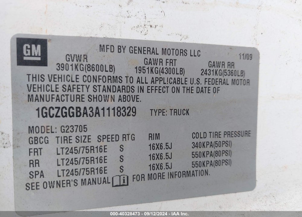 2010 CHEVROLET EXPRESS 2500 WORK VAN VIN: 1GCZGGBA3A1118329