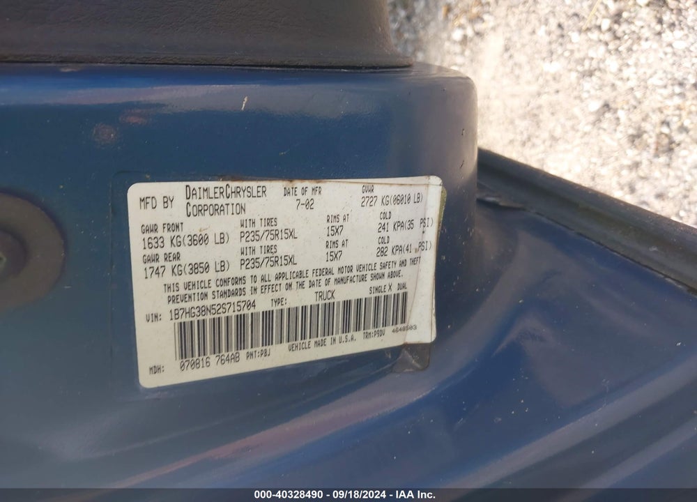 2002 DODGE DAKOTA SPORT VIN: 1B7HG38N52S715704