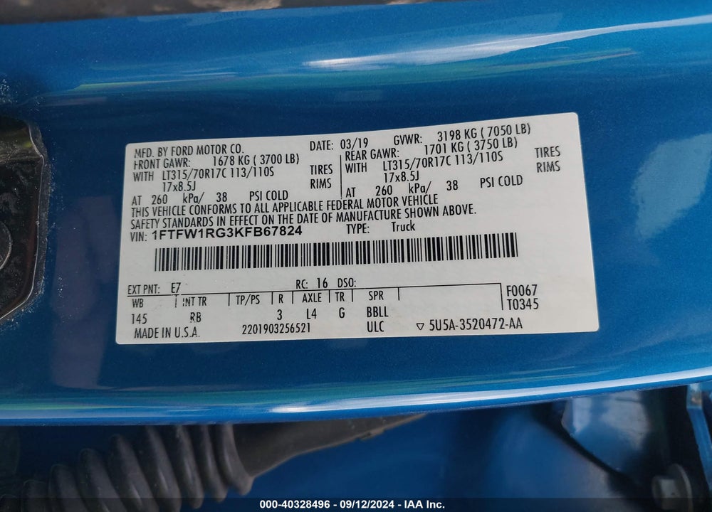 2019 FORD F-150 RAPTOR VIN: 1FTFW1RG3KFB67824