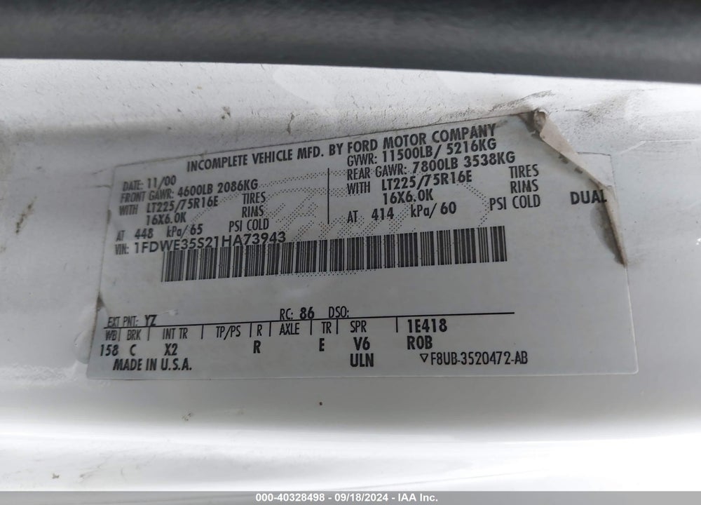 2001 FORD E-350 CUTAWAY STANDARD VIN: 1FDWE35S21HA73943