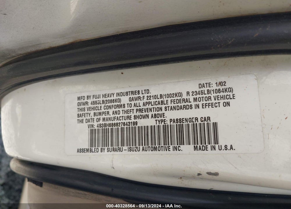 2002 SUBARU OUTBACK LIMITED VIN: 4S3BH686827643199
