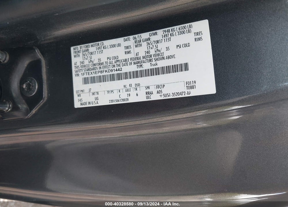 2015 FORD F-150 XLT VIN: 1FTEX1EP8FKD91442