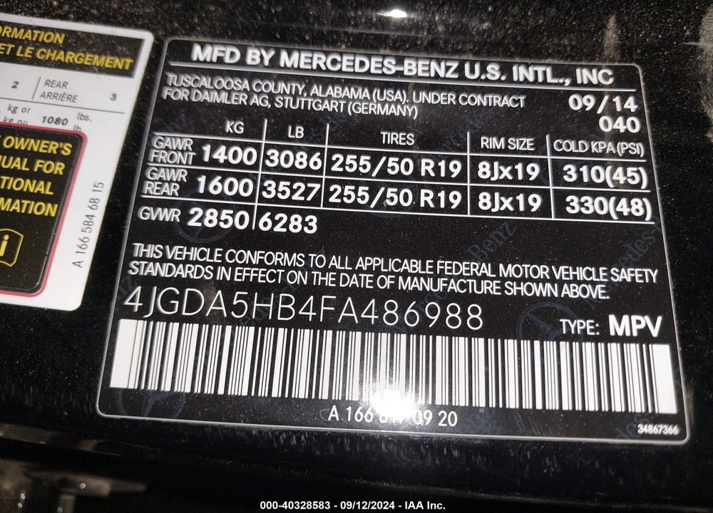 2015 MERCEDES-BENZ ML 350 4MATIC VIN: 4JGDA5HB4FA486988