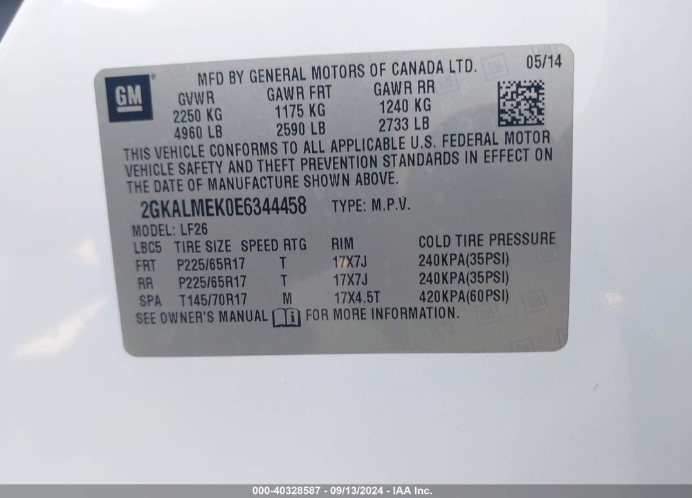 2014 GMC TERRAIN SLE-1 VIN: 2GKALMEK0E6344458