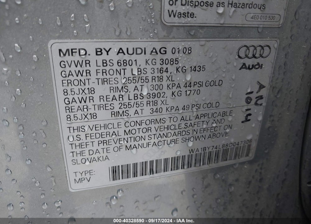 2008 AUDI Q7 3.6 PREMIUM VIN: WA1BY74L88D047306