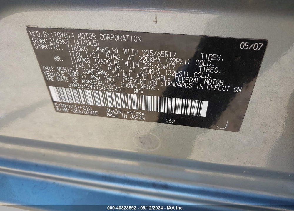 2007 TOYOTA RAV4 VIN: JTMZD35V975066545